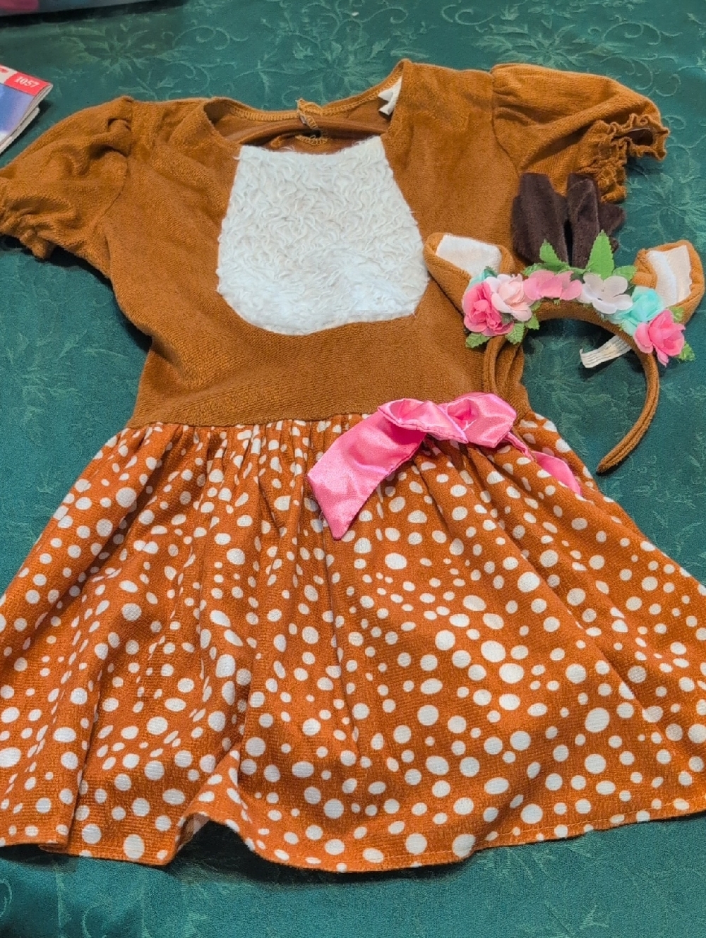Girls Brown Polka Dot Deer Costume Dress with Headband